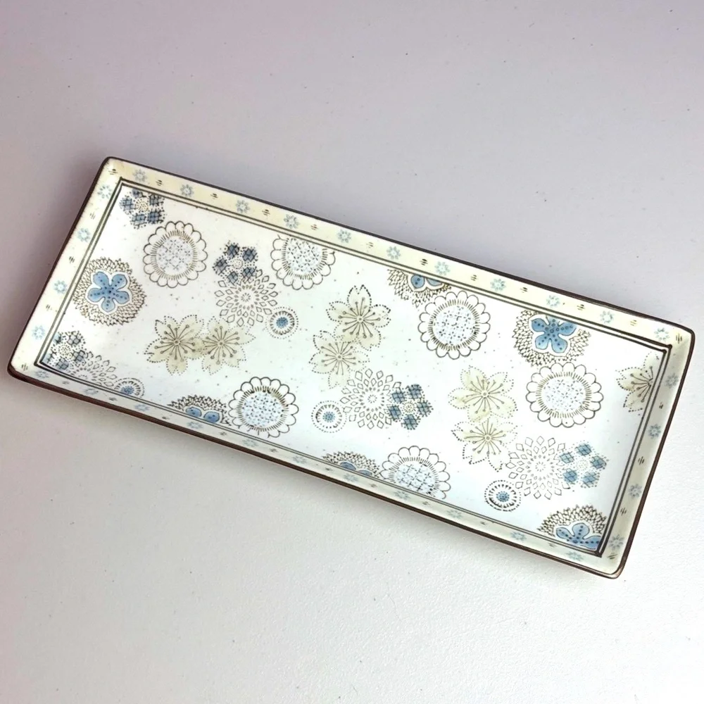 Cost Plus World Market Blue and Cream Floral Driftwood Sushi Plate Tray